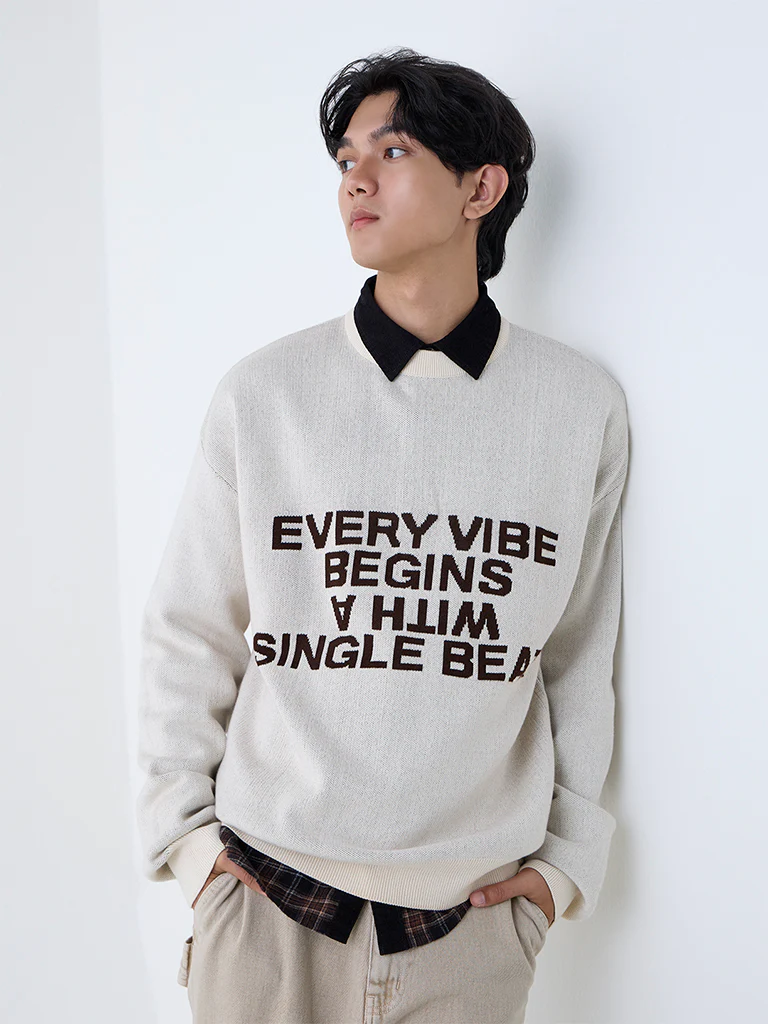 Nuon Beige Text Design Relaxed-Fit Cotton-Blend Sweater