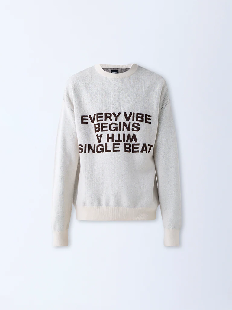 Nuon Beige Text Design Relaxed-Fit Cotton-Blend Sweater - Image 5