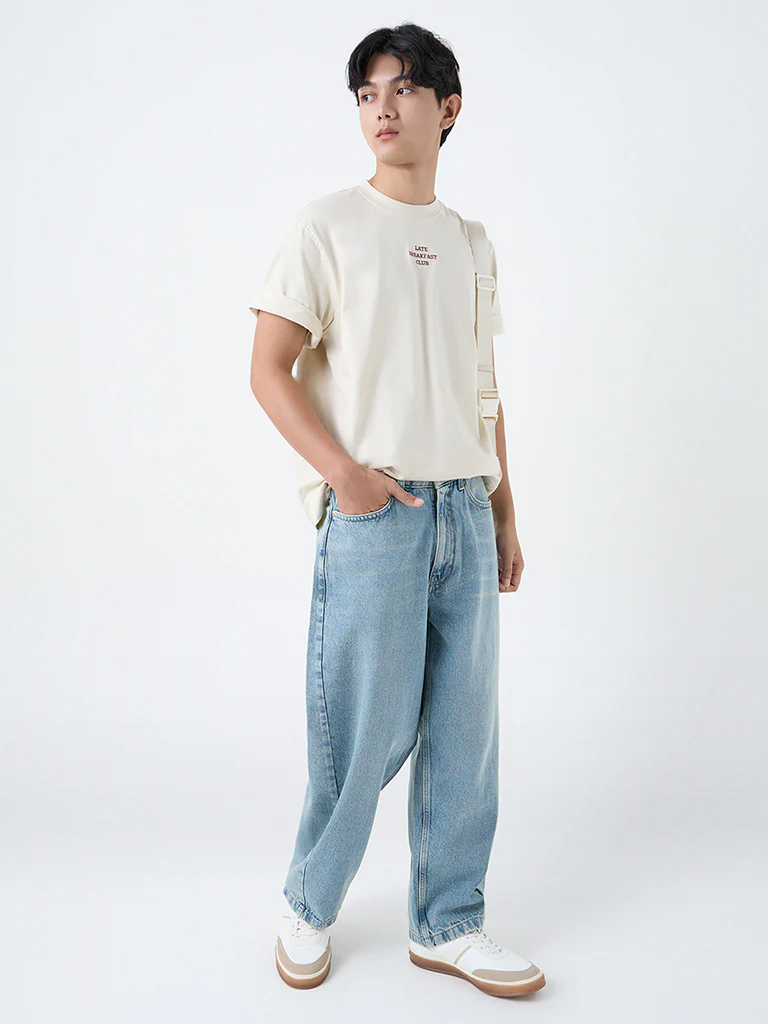 Nuon Beige Text Design Relaxed-Fit Cotton T-Shirt - Image 2
