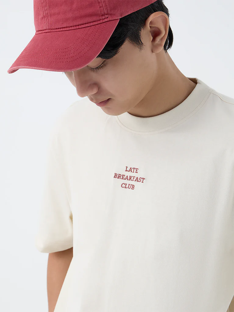 Nuon Beige Text Design Relaxed-Fit Cotton T-Shirt - Image 3