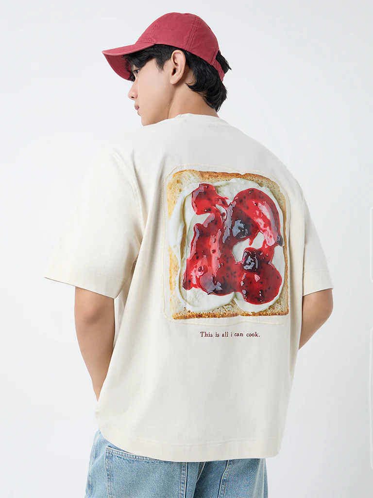 Nuon Beige Text Design Relaxed-Fit Cotton T-Shirt - Image 4