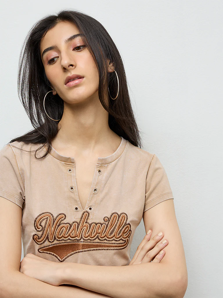 Nuon Beige Text-Embroidered Cotton T-Shirt - Image 3