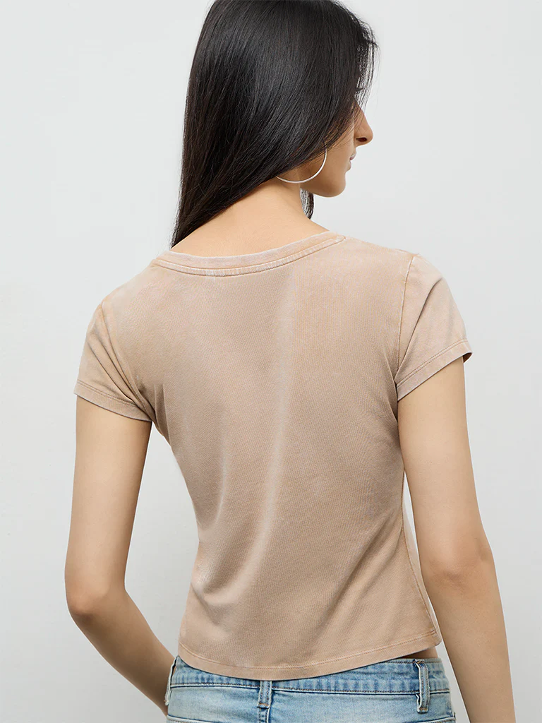 Nuon Beige Text-Embroidered Cotton T-Shirt - Image 4