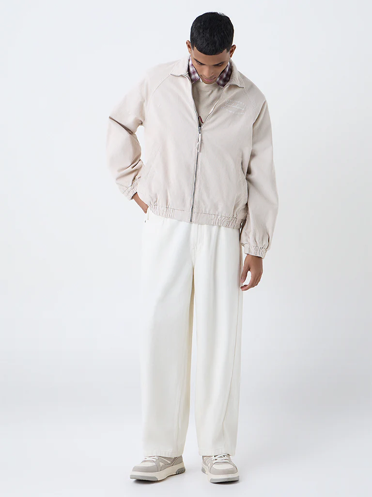 Nuon Beige Typographic Relaxed-Fit Corduroy Jacket