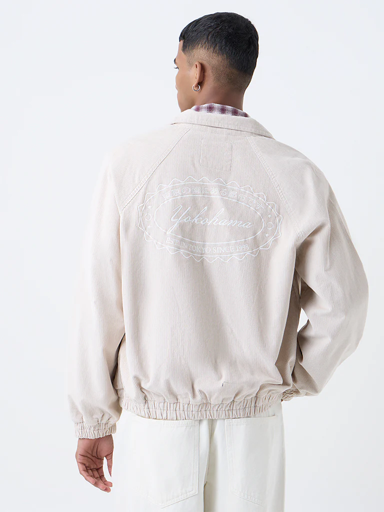 Nuon Beige Typographic Relaxed-Fit Corduroy Jacket - Image 4