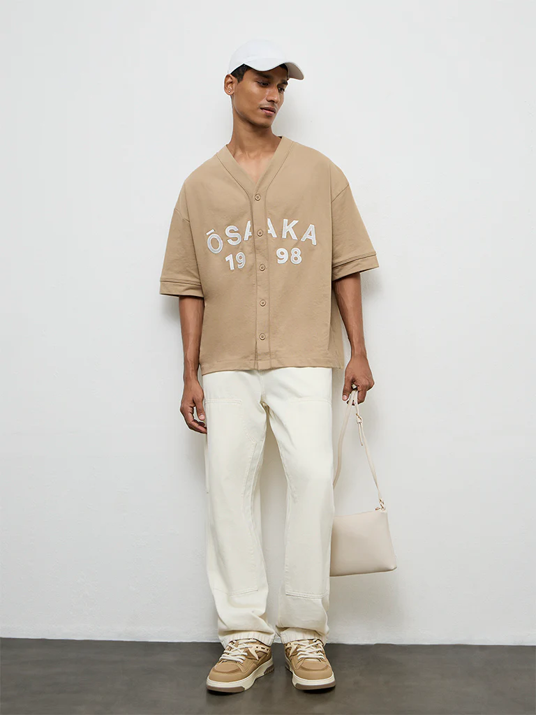 Nuon Beige Typographic Relaxed-Fit Cotton-Blend Shirt - Image 3