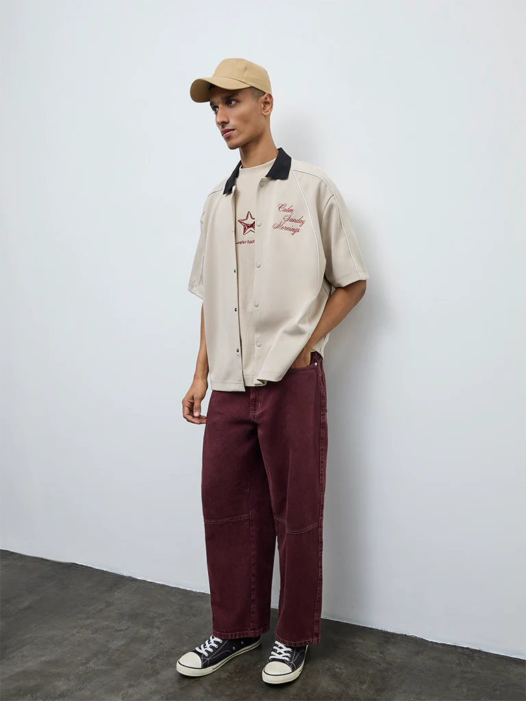 Nuon Beige Typographic Relaxed-Fit Shirt