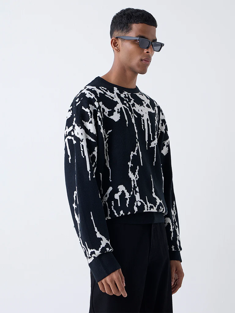 Nuon Black Abstract Design Relaxed-Fit Sweater