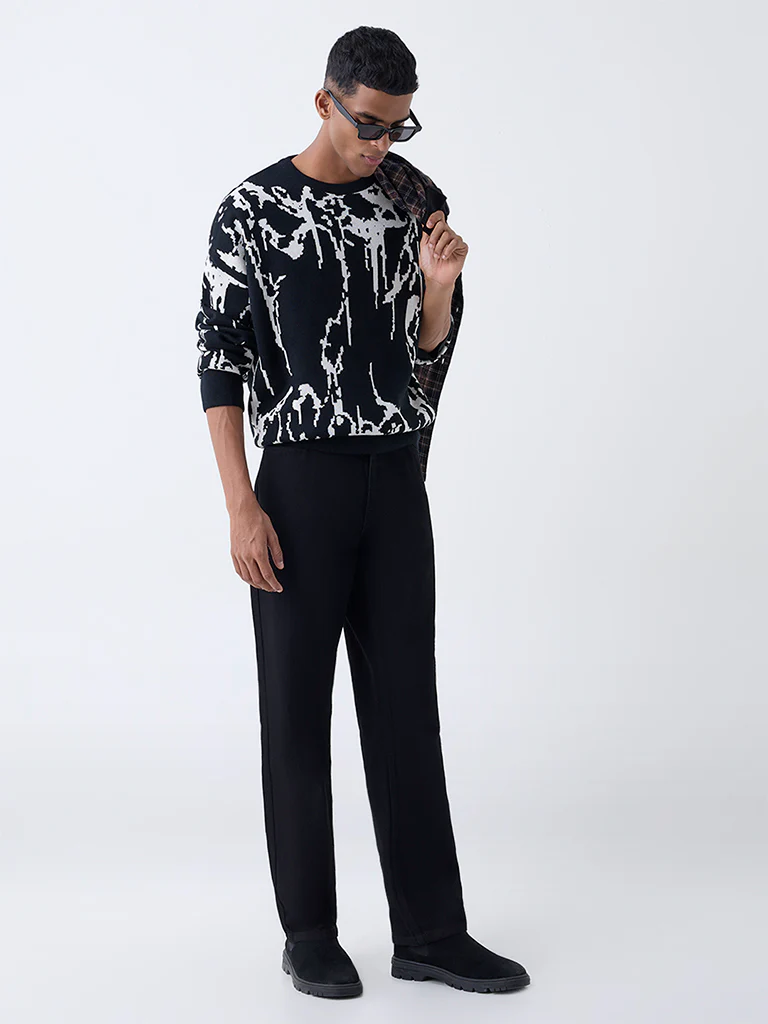 Nuon Black Abstract Design Relaxed-Fit Sweater - Image 2