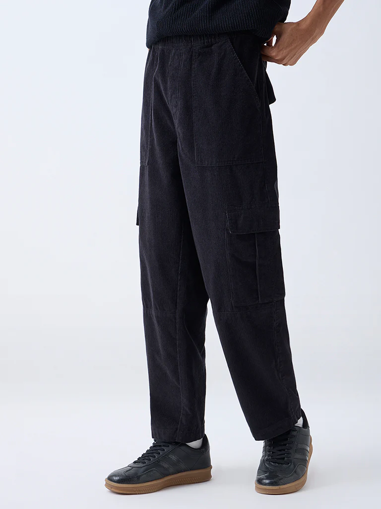 Nuon Black Cargo-Style Relaxed-Fit Mid-Rise Corduroy Pants - Image 3
