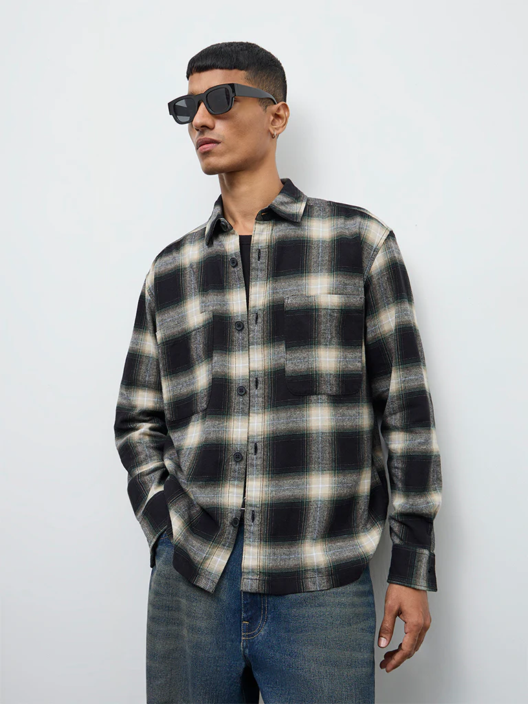 Nuon Black Check Relaxed Fit Cotton Shirt