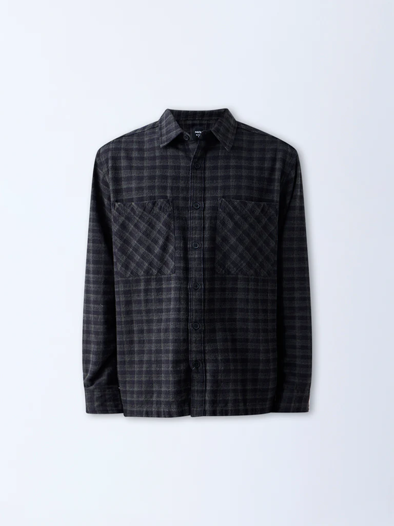 Nuon Black Checks Pattern Relaxed-Fit Cotton Shirt - Image 5