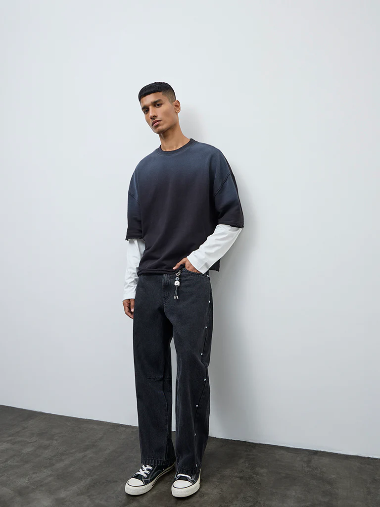 Nuon Black Contrast Detailed Relaxed-Fit Cotton T-Shirt - Image 2