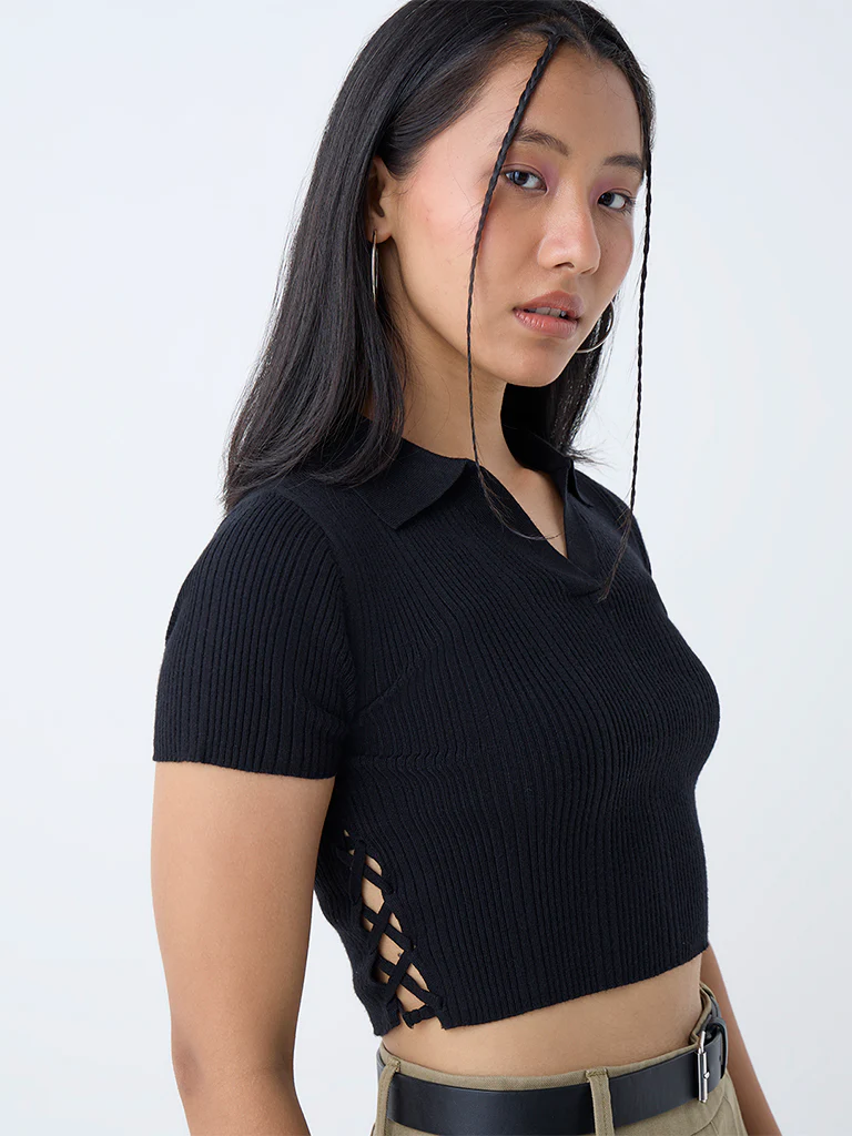 Nuon Black Criss-Cross-Detailed Ribbed T-Shirt - Image 3