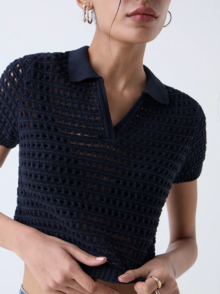 Nuon Black Crochet-Detailed Cotton Top - Image 3