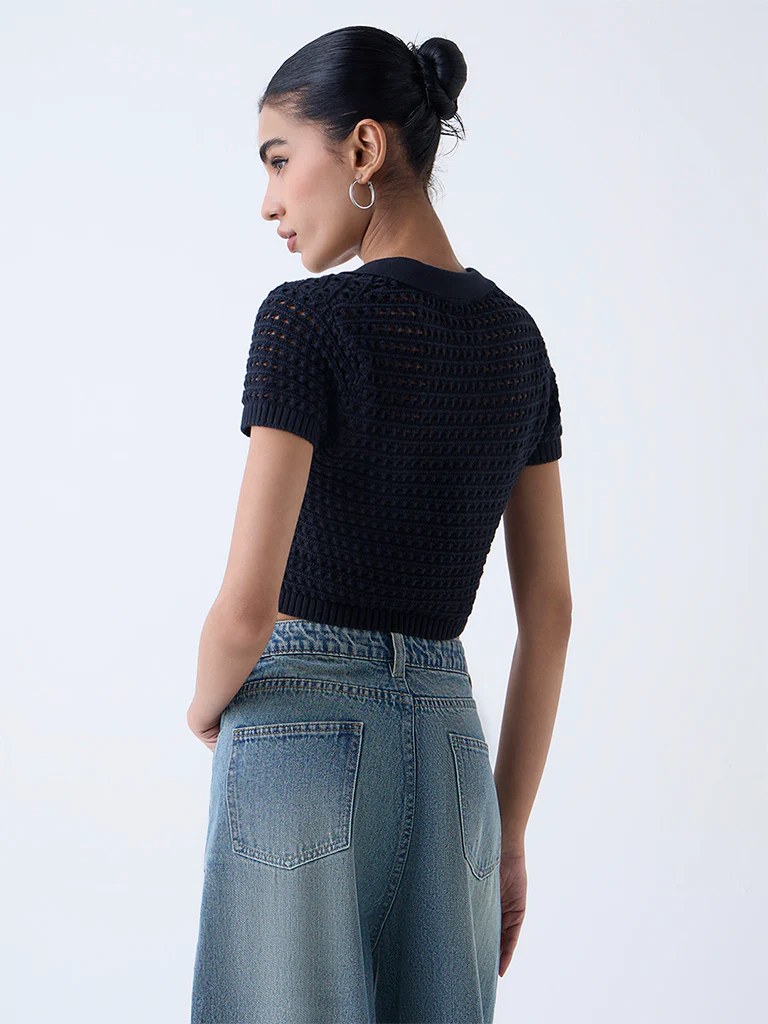Nuon Black Crochet-Detailed Cotton Top - Image 4