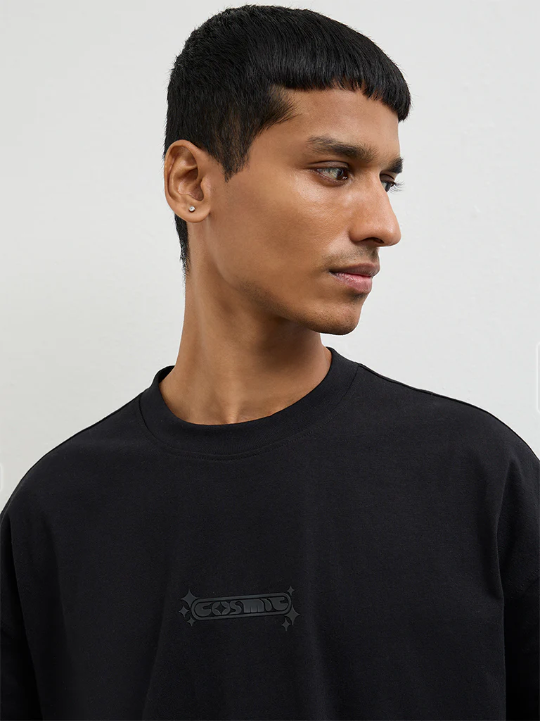 Nuon Black Embossed Oversized-Fit Cotton T-Shirt - Image 3