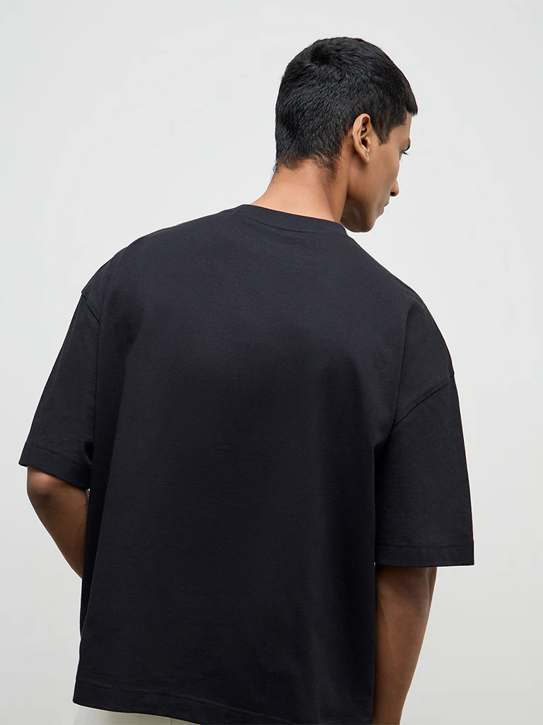 Nuon Black Embossed Oversized-Fit Cotton T-Shirt - Image 4