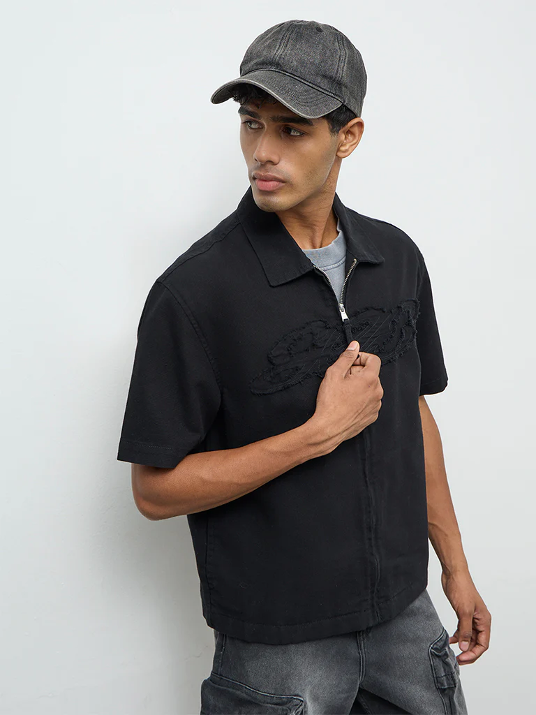 Nuon Black Embroidered Relaxed-Fit Cotton Shacket - Image 2