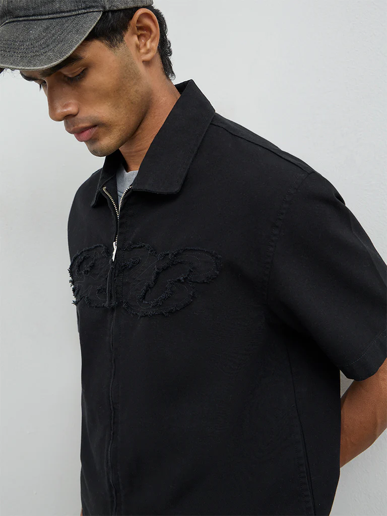 Nuon Black Embroidered Relaxed-Fit Cotton Shacket - Image 3