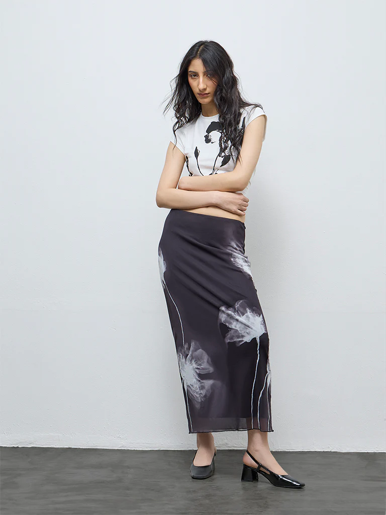 Nuon Black Floral Printed High-Rise Mesh Skirt - Image 2