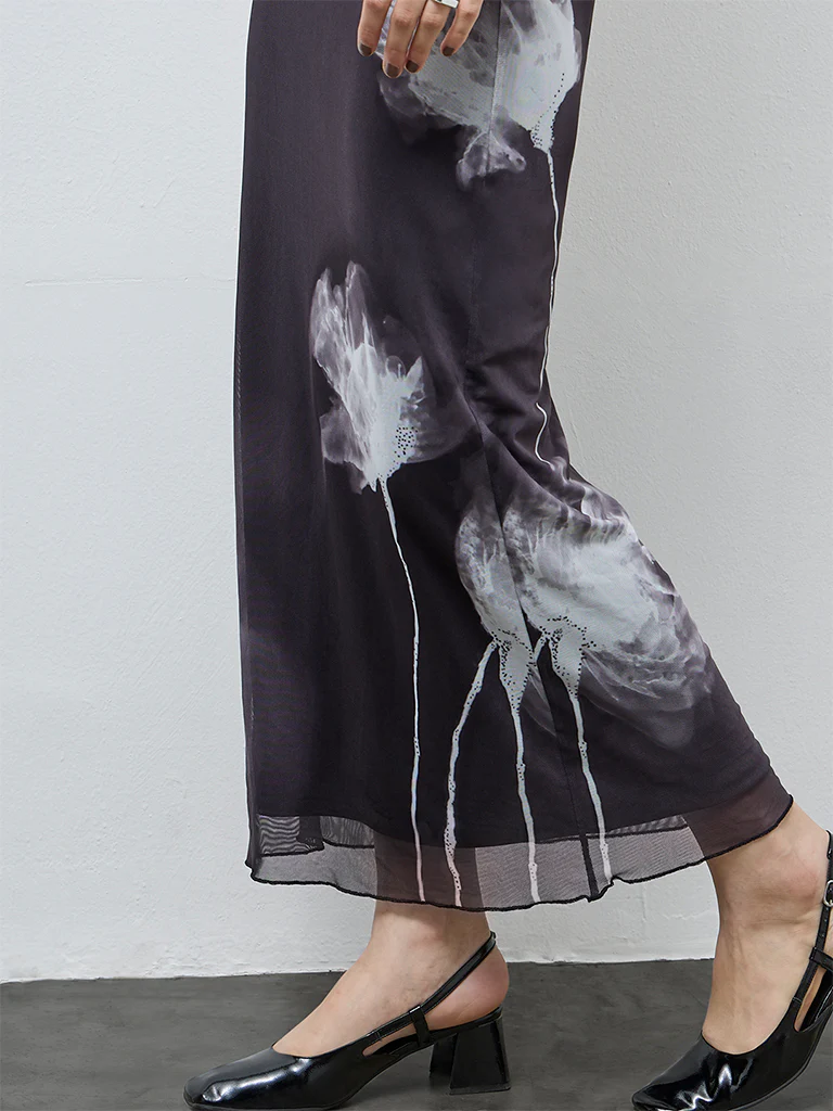 Nuon Black Floral Printed High-Rise Mesh Skirt - Image 3