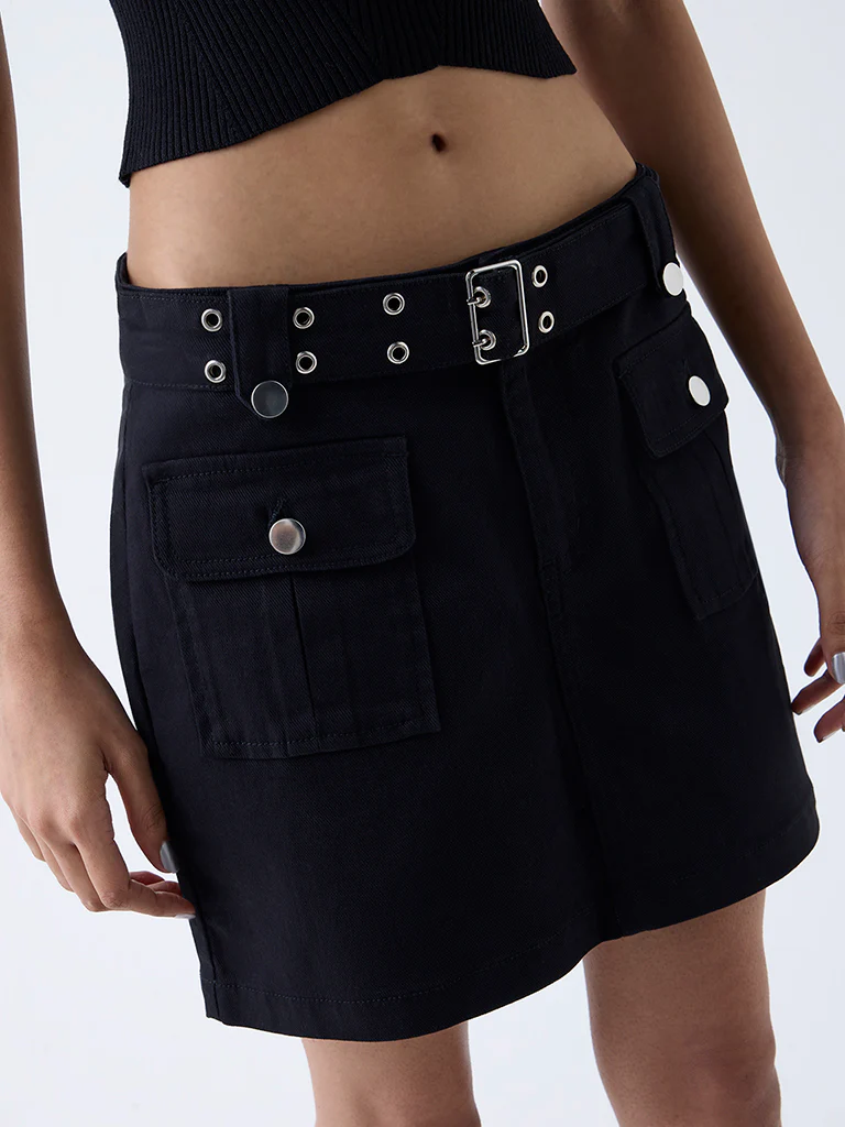 Nuon Black High-Rise Denim Skorts with Belt - Image 3
