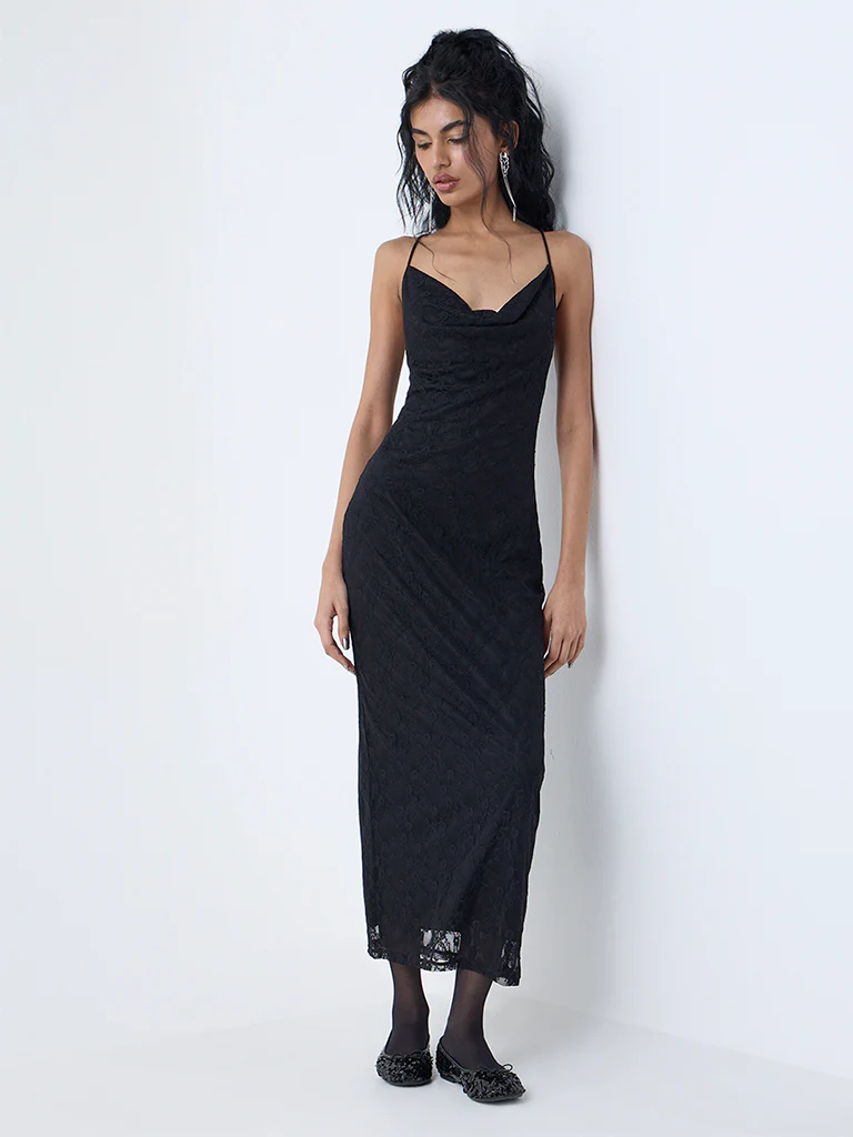 Nuon Black Lace Cowl-Neck Party A-Line Dress - Image 3