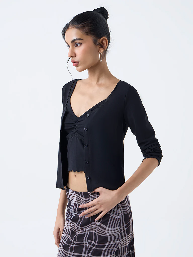 Nuon Black Lace-Detail Cotton-Blend Top - Image 3