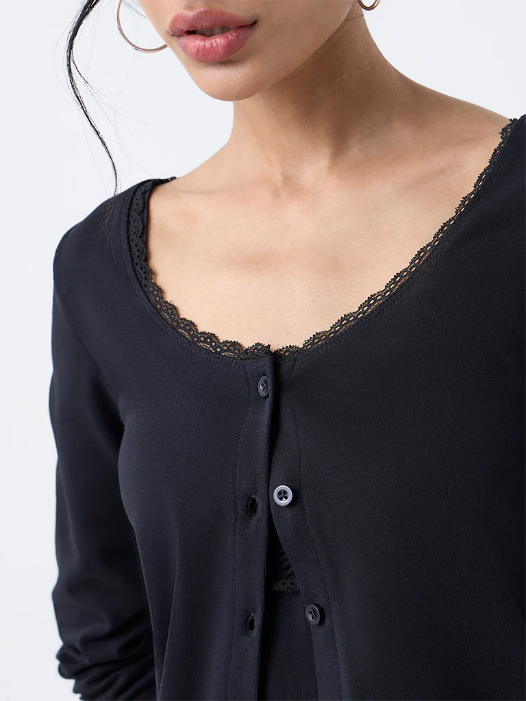 Nuon Black Lace-Detail Cotton-Blend Top - Image 4