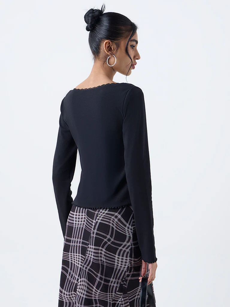 Nuon Black Lace-Detail Cotton-Blend Top - Image 5