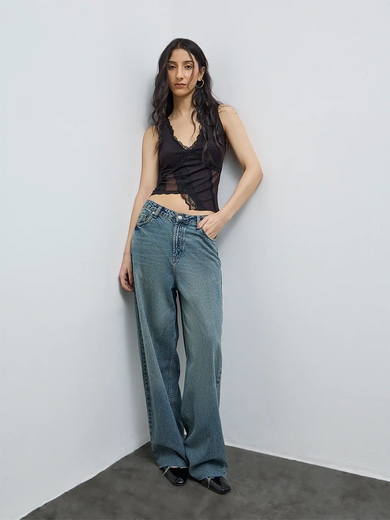 Nuon Black Lace Detailed Mesh Top - Image 2