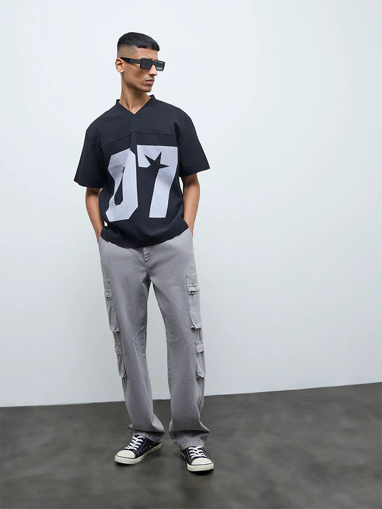 Nuon Black Numerical Printed Relaxed-Fit T-Shirt