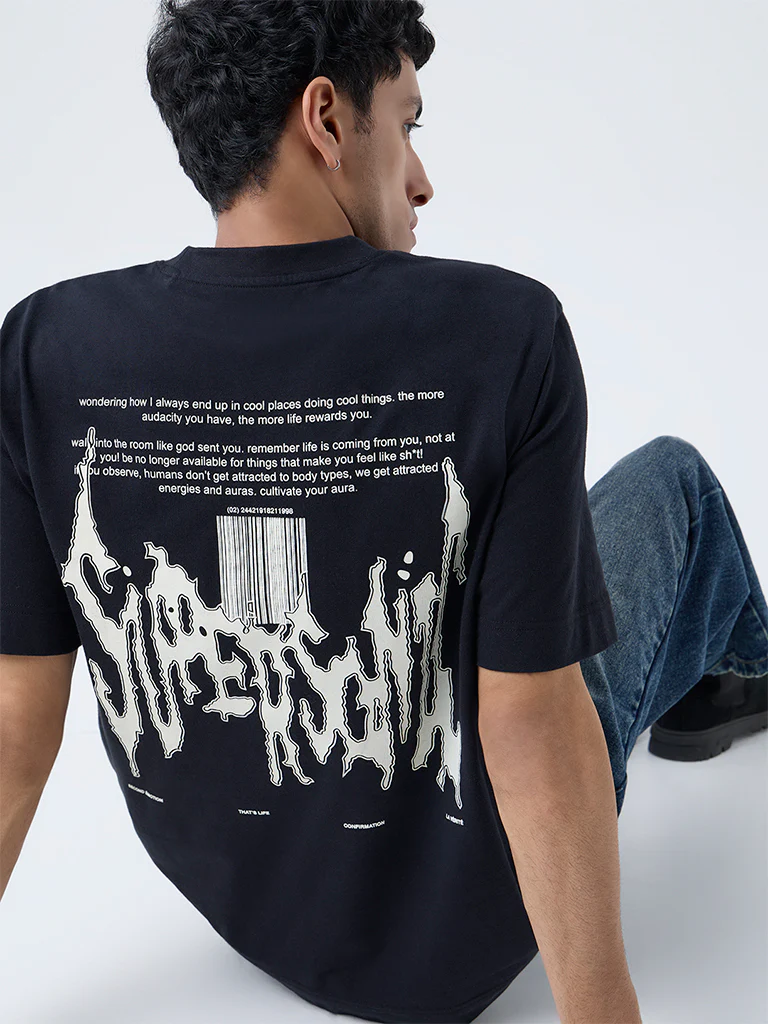 Nuon Black Printed Relaxed-Fit Cotton T-Shirt - Image 3