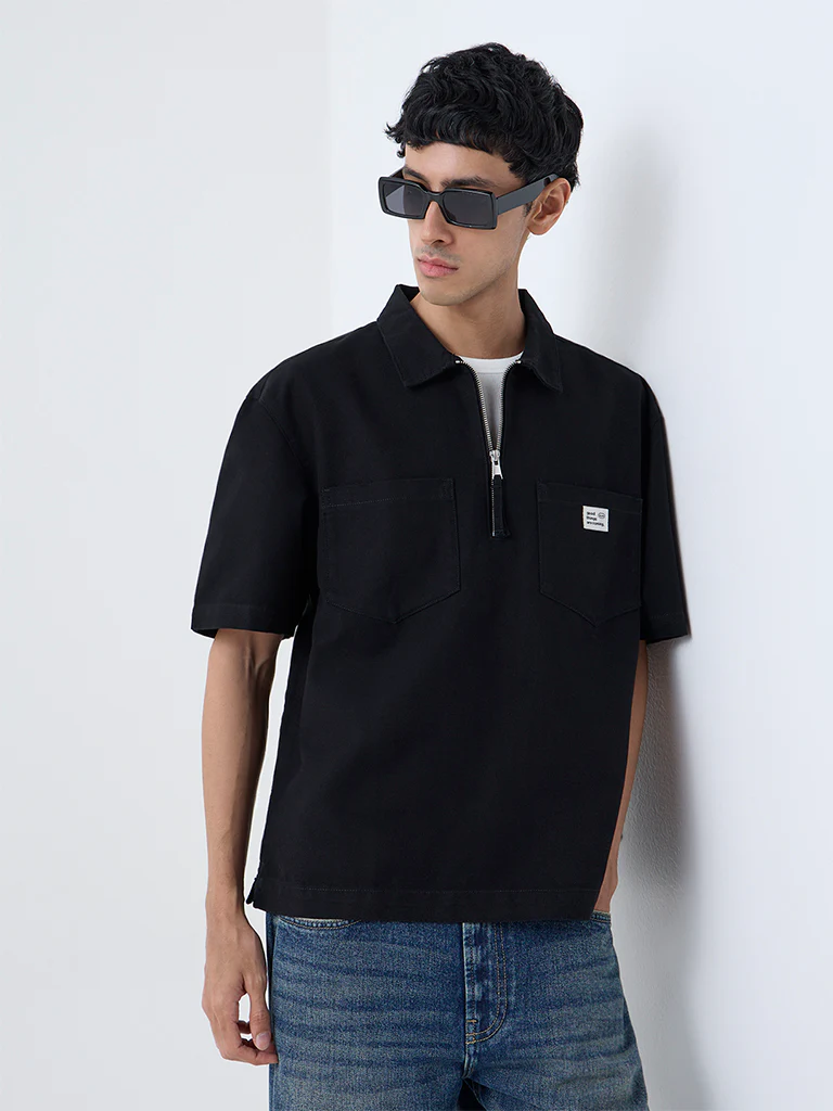 Nuon Black Relaxed-Fit Cotton Quarter-Zip T-Shirt