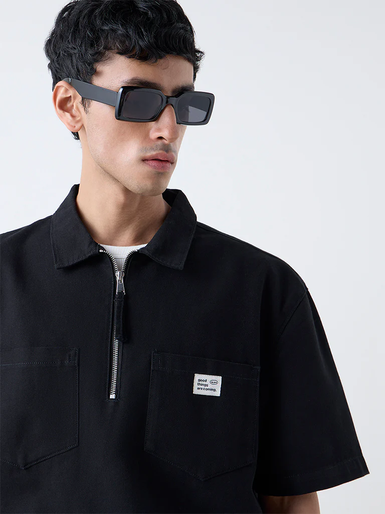 Nuon Black Relaxed-Fit Cotton Quarter-Zip T-Shirt - Image 5