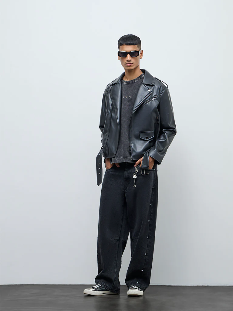 Nuon Black Relaxed-Fit Faux-Leather Jacket