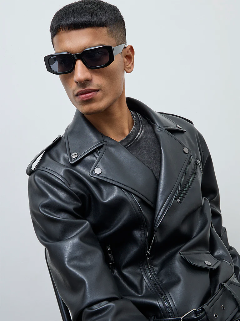 Nuon Black Relaxed-Fit Faux-Leather Jacket - Image 3