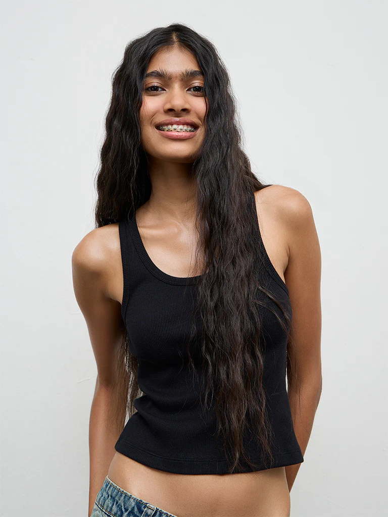 Nuon Black Ribbed Cotton-Blend Top
