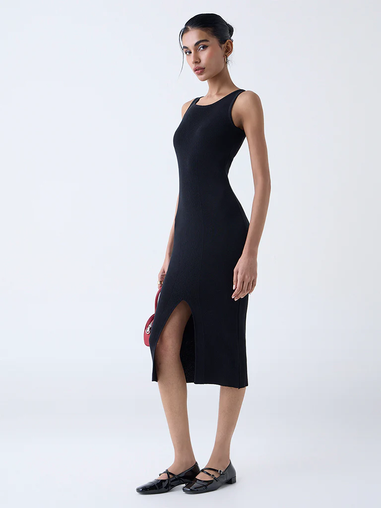 Nuon Black Ribbed Cotton Bodycon Dress - Image 2