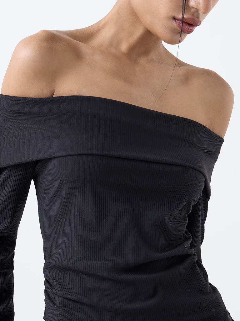 Nuon Black Ribbed Off-Shoulder Cotton-Blend Top - Image 2