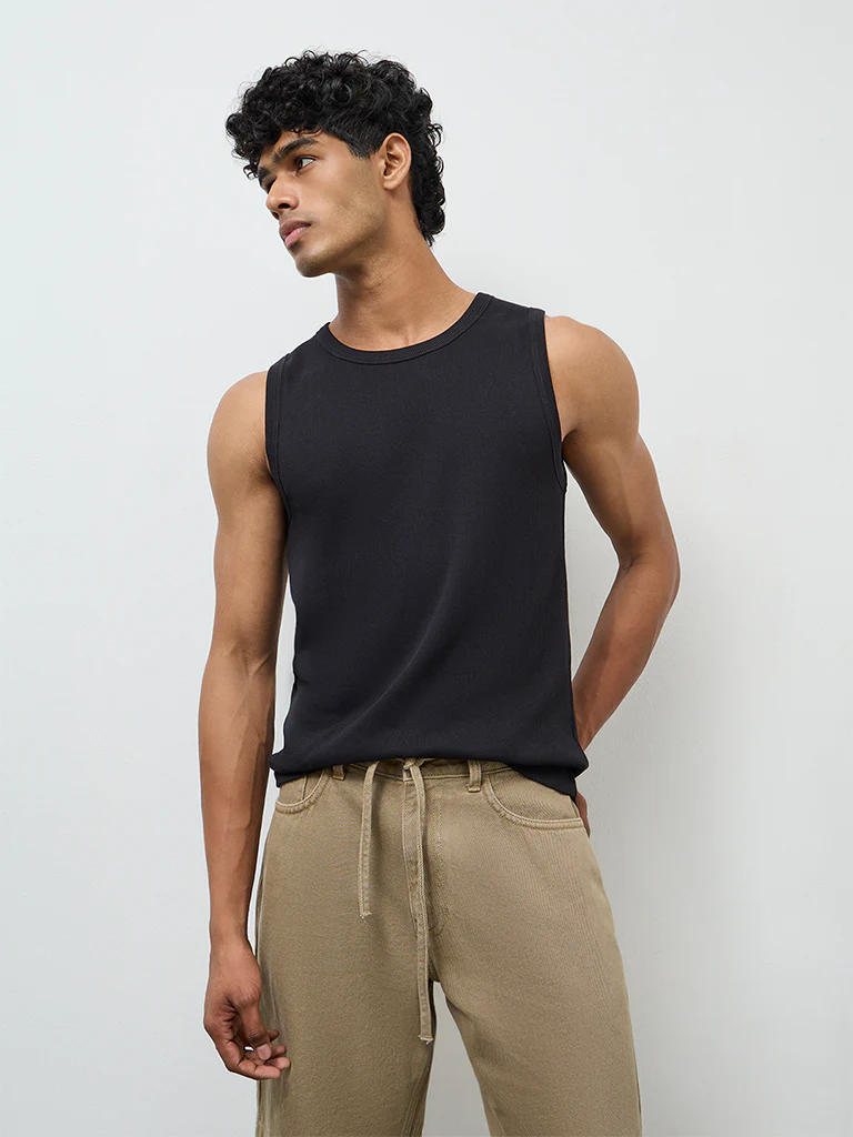 Nuon Black Ribbed Slim-Fit Cotton-Blend T-Shirt