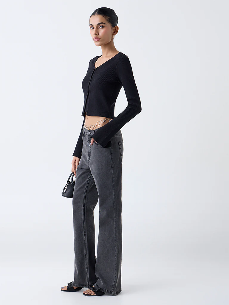 Nuon Black Ribbed Textured Cardigan with Inner - Image 2