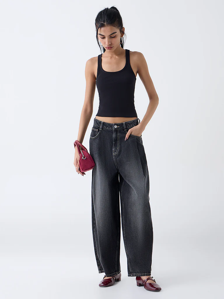 Nuon Black Ribbed-Textured Cotton-Blend Tank Top - Image 2