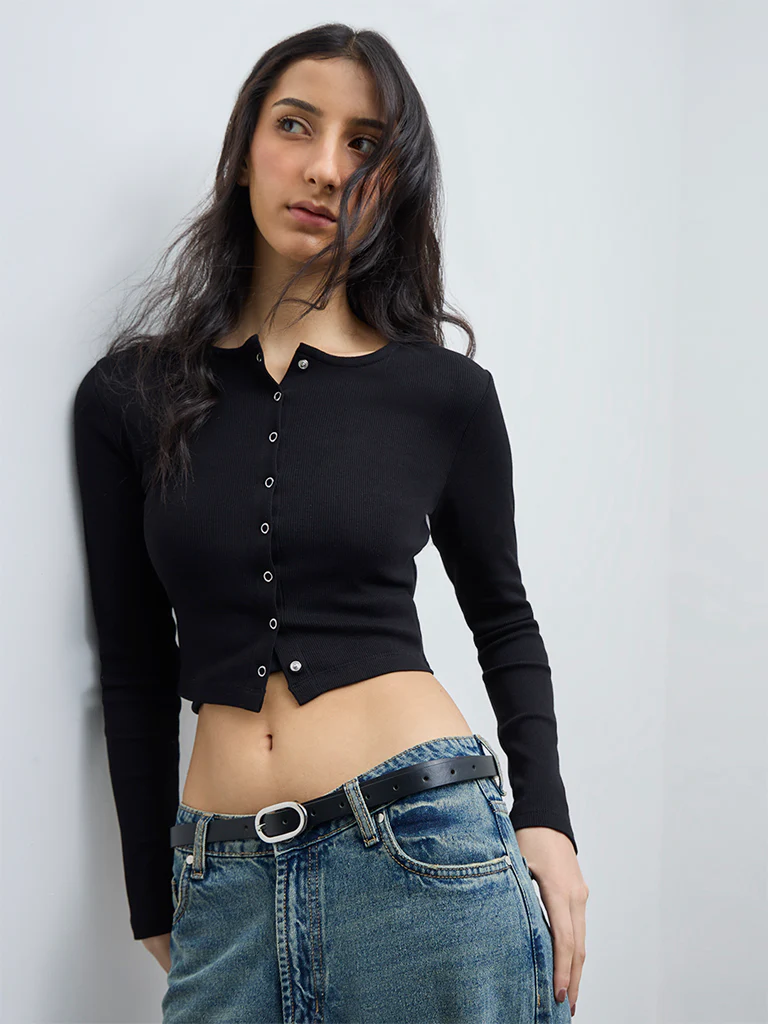 Nuon Black Ribbed-Textured Cotton-Blend Top - Image 2