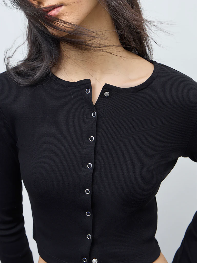 Nuon Black Ribbed-Textured Cotton-Blend Top - Image 3