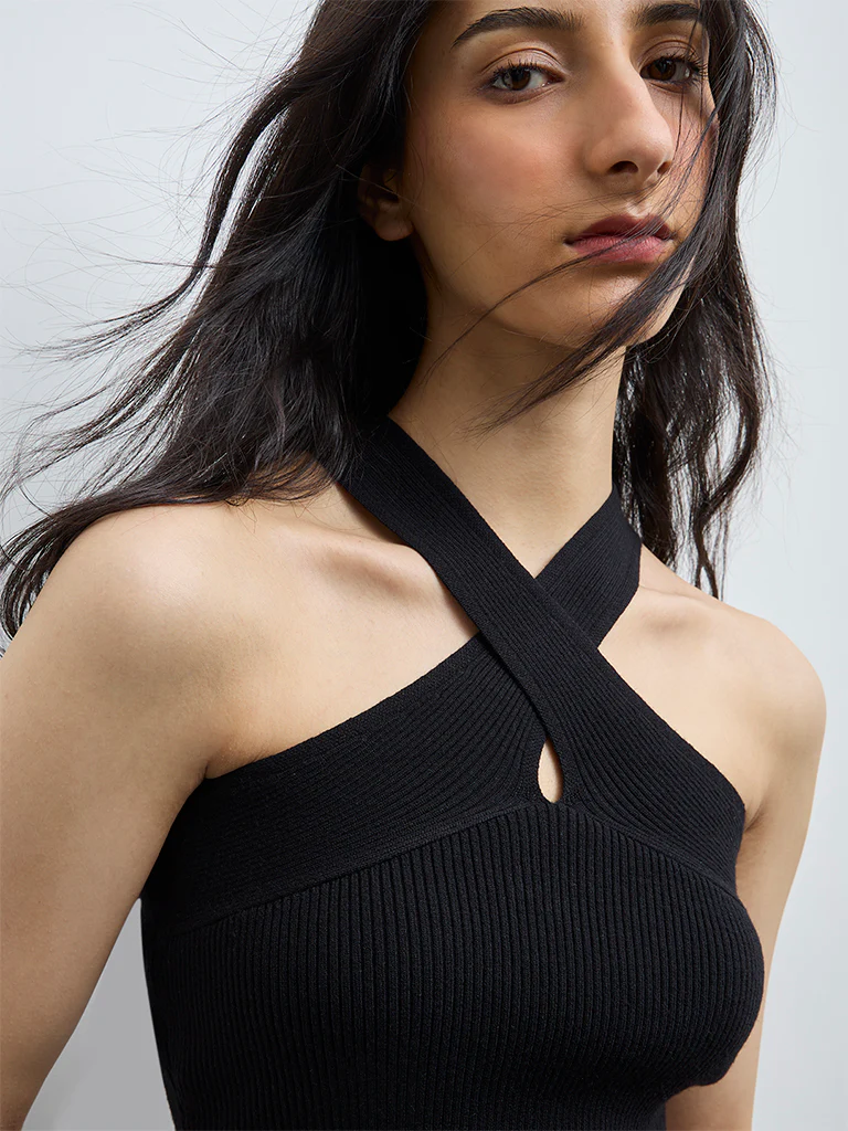 Nuon Black Ribbed-Textured Halter-Neck Top - Image 3