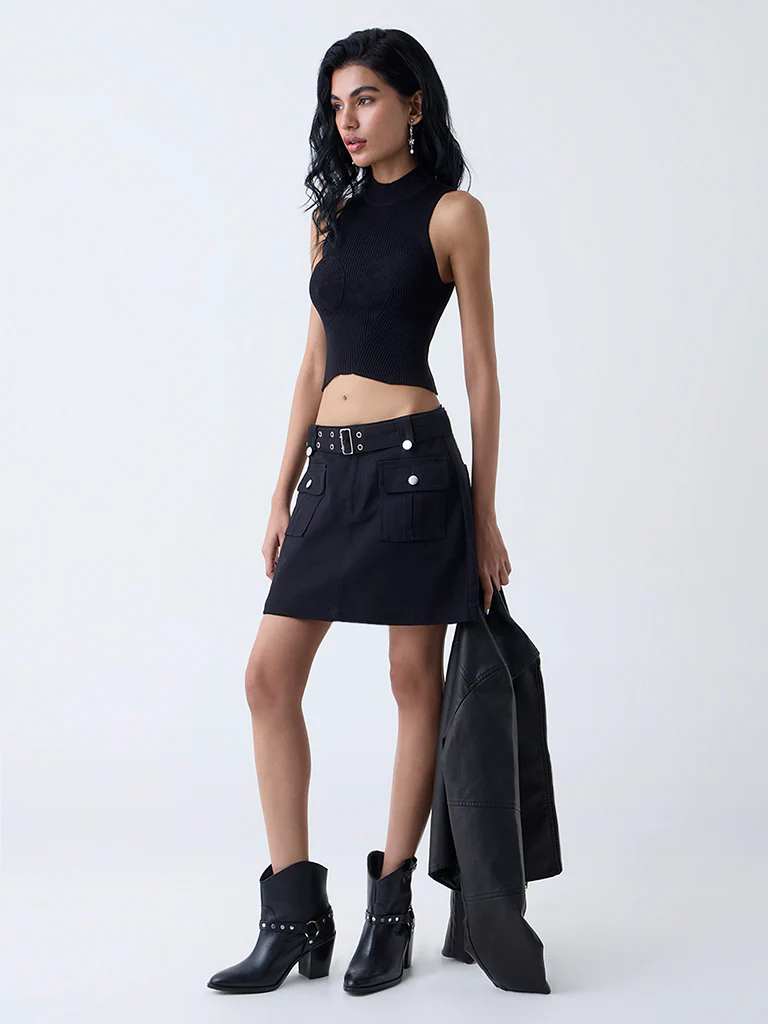 Nuon Black Ribbed-Textured Top - Image 2