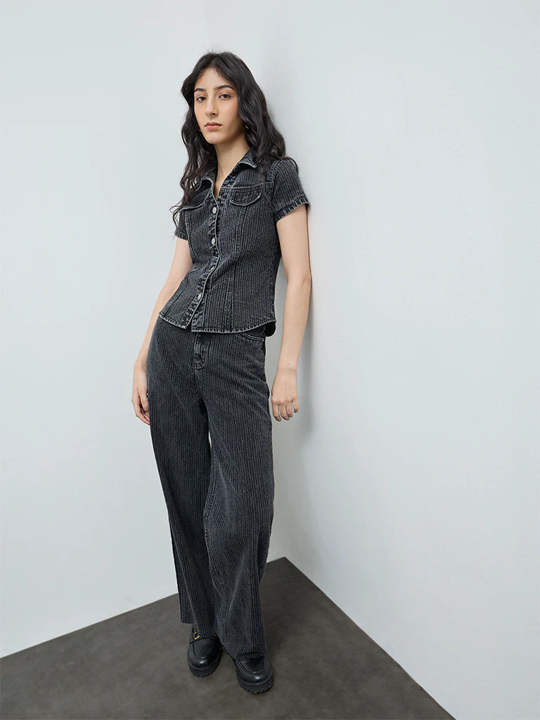 Nuon Black Self-Striped Denim Shirt - Image 2