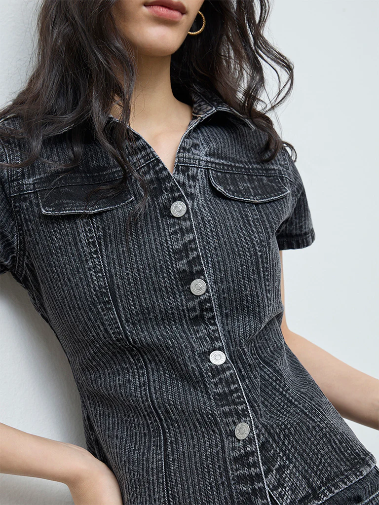 Nuon Black Self-Striped Denim Shirt - Image 3